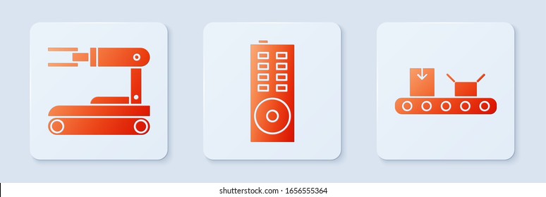 Set Remote control, Robot and Conveyor belt with cardboard box. White square button. Vector