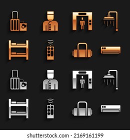 Set Remote control, Shower, Air conditioner, Suitcase, Hotel room bed, Lift,  and Concierge icon. Vector