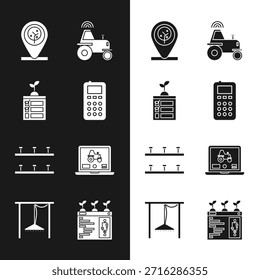 Set Control remoto, tecnología de agricultura inteligente, Locación y árbol, tractor inalámbrico inteligente, rociadores de riego automáticos, aplicación para computadora portátil e ícono. Vector