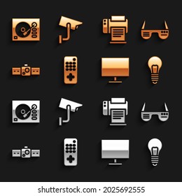 Set Remote control, Smart glasses, Light bulb with concept of idea, Computer monitor screen, Smartwatch, Printer, Vinyl player and Security camera icon. Vector