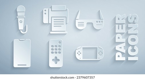 Set Remote control, Smart glasses, Smartphone, mobile phone, Portable video game console, Printer and Microphone icon. Vector