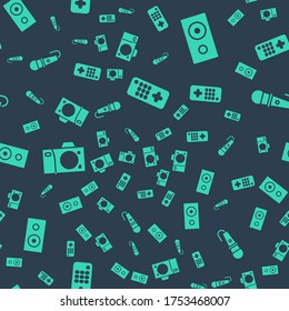 Set Remote control, Stereo speaker, Photo camera and Microphone on seamless pattern. Vector