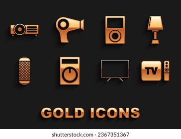 Set Remote control, Table lamp, TV box receiver and player with remote controller, Smart Tv, Stereo speaker, Music,  and Hair dryer icon. Vector