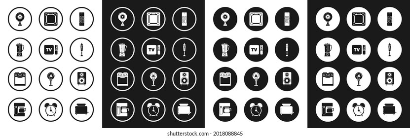 Set Remote control, TV box receiver and player with remote controller, Blender, Web camera, Bathroom scales, Stereo speaker and Oven icon. Vector