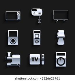 Set Remote control, TV box receiver and player with remote controller, Table lamp, Kitchen meat grinder, Music, Smart Tv and Microwave oven icon. Vector