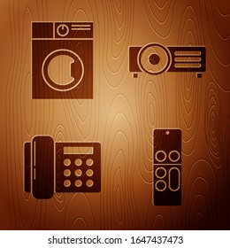 Set Remote control , Washer , Telephone  and Presentation, movie, film, media projector  on wooden background. Vector