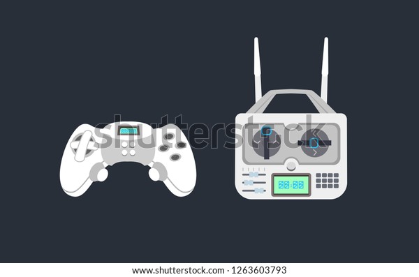 A set of remote controls for games and\
radio-controlled models. Joystick video games and remote control\
drone, radio models of cars, airplanes, helicopters, drones. Vector\
isolated illustration