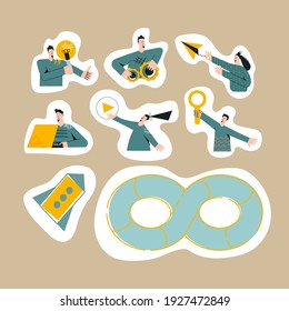 Set of remote developers devops team of programmers web developers designers collaborating on software project.  Stiker of  flat vector character modern  illustration isolated on background