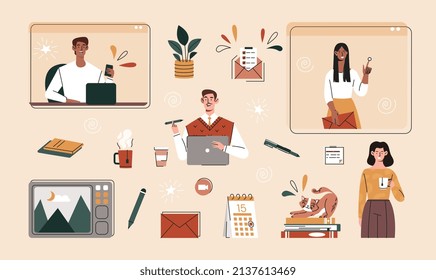 Set of remote work. Collection of elements for creating pictures with people in office. Workflow and workplace, company and organization. Cartoon flat vector illustrations isolated on beige background