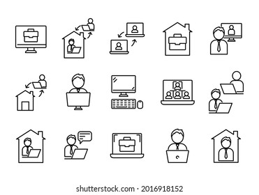 Set of remote work concept icons. Flat working pictograms for web. Line stroke. Isolated on white background. Outline vector eps10. Online communication with office staff
