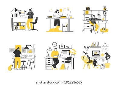 Set Remote work or distance learning. Work at home. Freelancer character working from home, convenient workplace. Vector flat illustration. Man and woman self employed concept