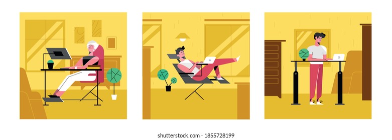 Set of remote work and freelance. Cartoon men and woman work on computer and laptop at home. Home work and quarantine concept. Cartoon character flat vector illustration.