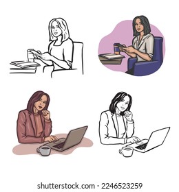 Set of remote work online freelance office women  vector illustrations