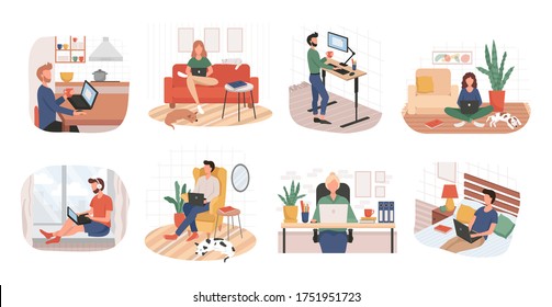 Set of remote working from home or any place vector illustration. Woman on sofa man in bed flat style. Freelance and convenient job concept. Isolated on white background