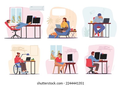 Set Remote Workplace, Homeworking Concept. Men and Women Freelancers Characters Working from Home on Computers. Freelance Self-employed Occupation, Outsourcing. Cartoon People Vector Illustration