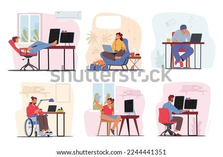 Set Remote Workplace, Homeworking Concept. Men and Women Freelancers Characters Working from Home on Computers. Freelance Self-employed Occupation, Outsourcing. Cartoon People Vector Illustration