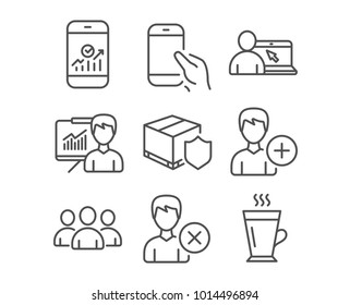 Set of Remove account, Presentation and Online education icons. Hold smartphone, Smartphone statistics and Delivery insurance signs. Add person, Group and Latte symbols. Vector