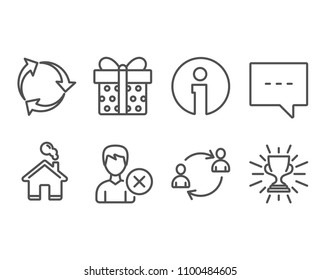 Set of Remove account, Recycle and Gift box icons. Blog, User communication and Trophy signs. Delete user, Recycling waste, Present package. Chat message, Human resources, Winner cup. Vector