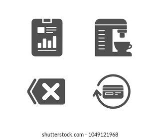 Set of Remove, Coffee machine and Report document icons. Refund commission sign. Delete button, Cappuccino machine, Page with charts. Cashback card.  Quality design elements. Classic style. Vector