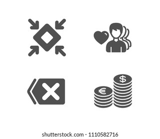 Set of Remove, Minimize and Man love icons. Currency sign. Delete button, Small screen, Romantic people. Euro and usd.  Quality design elements. Classic style. Vector