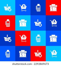 Set Remove shopping basket, Shopping cart and dollar, POS terminal with credit card and building or market store icon. Vector