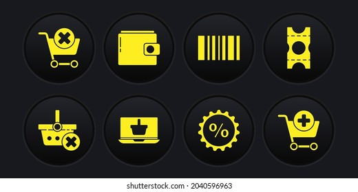 Set Eliminar cesta de compras, Cupón, portátil de compras, etiqueta Descuento por porcentaje, código de barras, cartera, Añadir carrito e icono. Vector