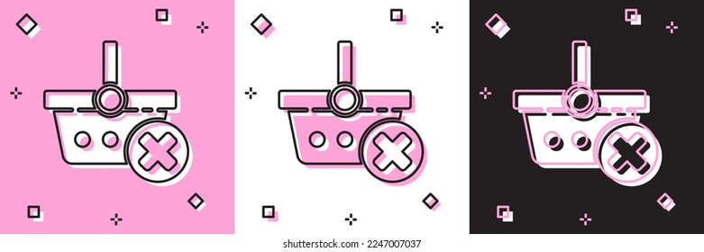 Set Remove shopping basket icon isolated on pink and white, black background. Online buying concept. Delivery service. Supermarket basket and X mark.  Vector Illustration
