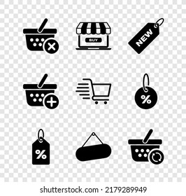 Set Remove shopping basket, Online, Price tag with New, Discount percent, Signboard hanging, Refresh, Add to Shopping and cart icon. Vector