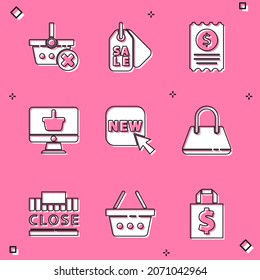 Set Eliminar cesta de compras, etiqueta de precio con venta, cheque de papel y cheque financiero, Monitor, Texto de botón Nuevo, Bolso de mano, Edificio de compras cerrado e icono. Vector