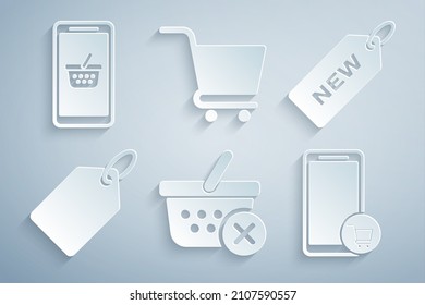 Set Remove shopping basket, Price tag with New, Label template price, Mobile and cart, Shopping and  icon. Vector