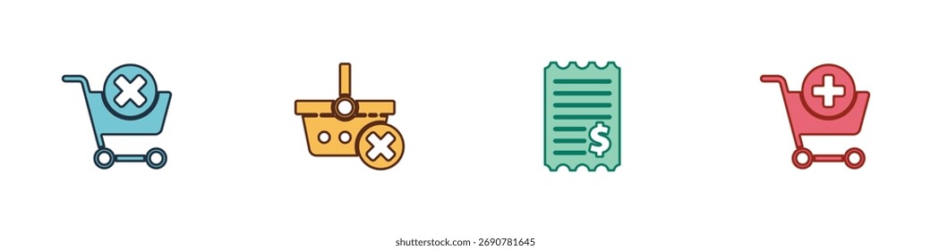 Defina Remover carrinho de compras, cesta, cheque em papel e cheque financeiro e ícone Adicionar às Compras. Vetor