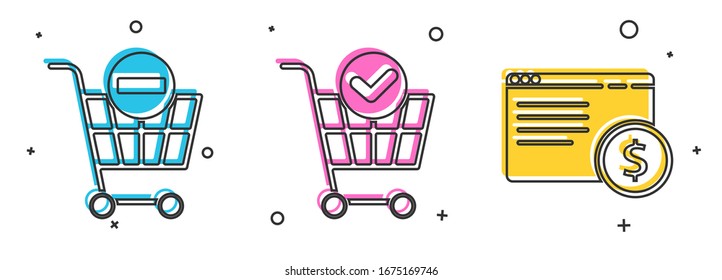 Set Remove shopping cart, Shopping cart with check mark and Online shopping on screen icon. Vector