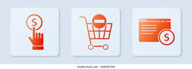 Set Remove shopping cart, Hand holding coin and Online shopping on screen. White square button. Vector