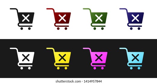 Set Remove shopping cart icon isolated on black and white background. Online buying concept. Delivery service sign. Supermarket basket and X mark symbol. Vector Illustration