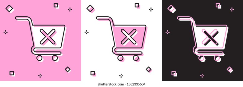 Set Remove shopping cart icon isolated on pink and white, black background. Online buying concept. Delivery service sign. Supermarket basket and X mark.  Vector Illustration