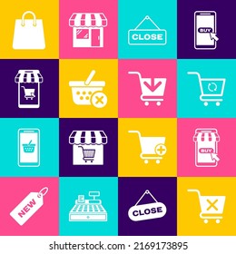 Set Remove shopping cart, Mobile and, Refresh, Hanging sign with Close, basket, Handbag and Add to Shopping icon. Vector