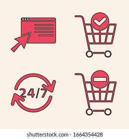 Set Remove shopping cart, Online shopping on screen, Shopping cart con marca de verificación e icono Reloj 24 horas. Vector