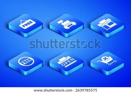 Set Remove shopping cart, Price tag with text Free, Shopping building and open, Cash register machine and or market store icon. Vector