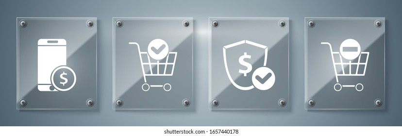Seleccione Quitar carro de compra, Escuche con dólar, Carrito de compra con marca de verificación y Smartphone con dólar. Paneles de vidrio cuadrado. Vector
