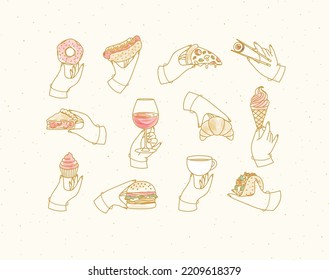 Set of renaissance hands holding donut, hot dog, pizza, sushi, pie, glass of wine, croissant, ice cream, cupcake, burger, coffee, taco drawing with color on beige background