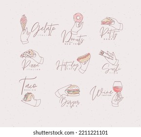 Set of renaissance hands holding donut, hot dog, pizza, sushi, pie, glass of wine, croissant, ice cream, cupcake, burger, coffee, taco with lettering drawing with color on light pink background