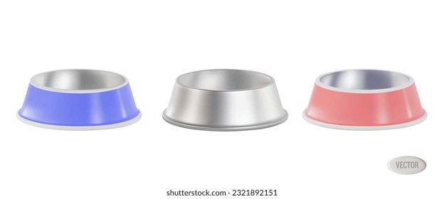 a set of renders of empty, multi-colored, metal bowls for cat and dog food and pets. Vector 3d illustration isolated on white background