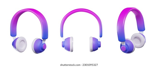 a set of renders of headphones in a blue-pink gradient with white ear tips from different angles front, left. Vector illustration in realistic 3d style