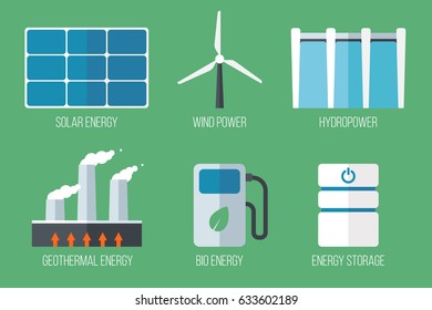 Set of renewable energy icons. Flat style.
