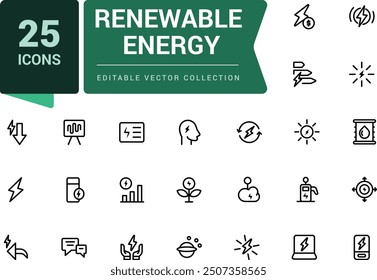 Set of renewable energy outline icons set. Related to green, renewable energy, alternative sources energy. Minimalistic web and UI icon. Outline icon collections.