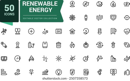 Set of renewable energy outline icons set. Related to green, renewable energy, alternative sources energy. Minimalistic web and UI icon. Outline icon collections.