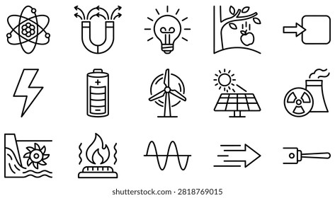 Set of renewable energy and power source line icons with electricity, renewable