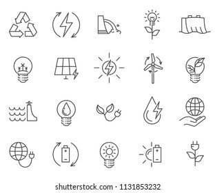 Set of renewable energy Related Vector Line Icons. Includes such icons as solar battery, hydroelectric, powerhouse and more.