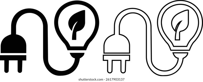 Set of renewable energy saving icon black flat, outline style. Plug and leaf eco vector collection. Electric power energy charge symbol isolated on transparent background. Sustainability illustration.