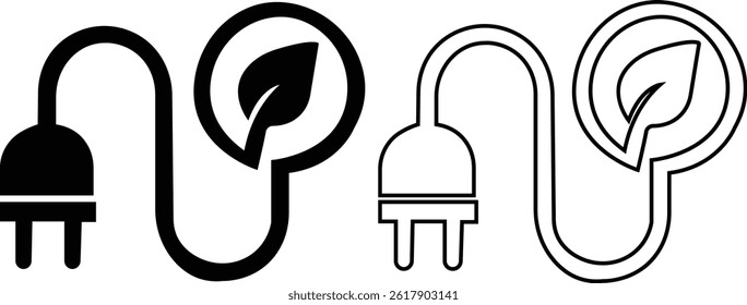 Set of renewable energy saving icon black flat, outline style. Plug and leaf eco vector collection. Electric power energy charge symbol isolated on transparent background. Sustainability illustration.